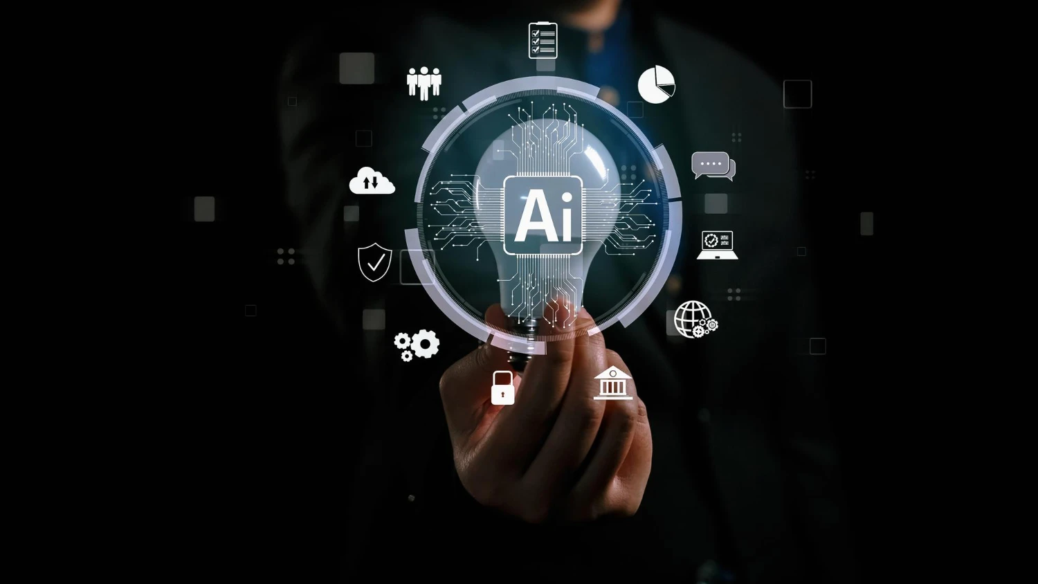 Imagem ilustrativa de AI Overviews, mostrando uma lâmpada com o símbolo Ai e ícones tecnológicos, destacando inovação e inteligência artificial.