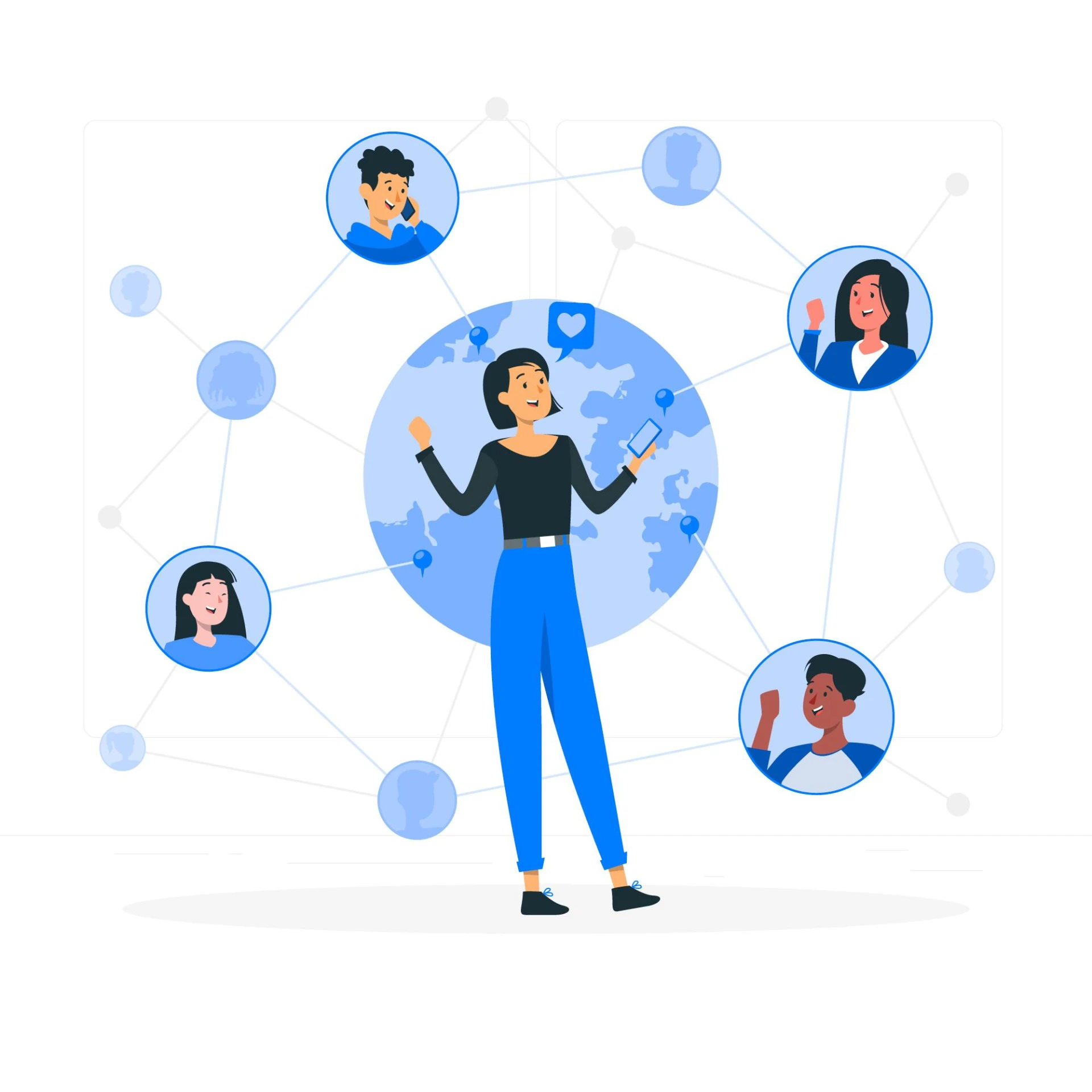 Imagem representando o Networking Digital e táticas de link building. Uma mulher interagindo digitalmente com várias pessoas em um ambiente conectado.