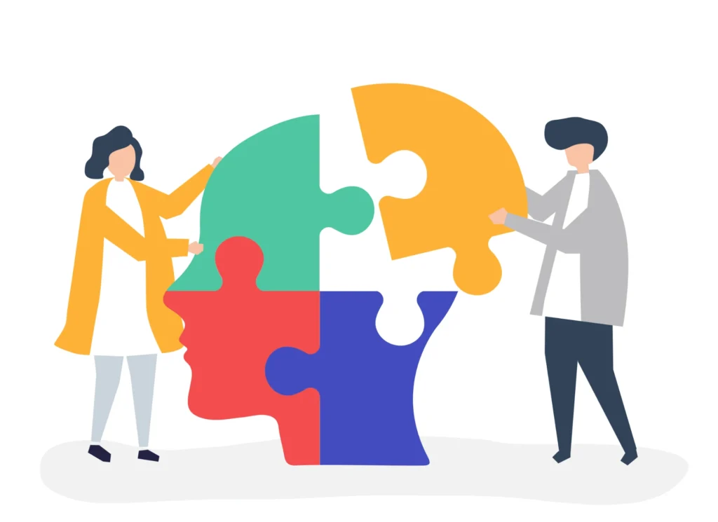 Ilustração de duas pessoas montando uma cabeça humana com um quebra-cabeça colorido, simbolizando como slogans simples moldam comportamentos.