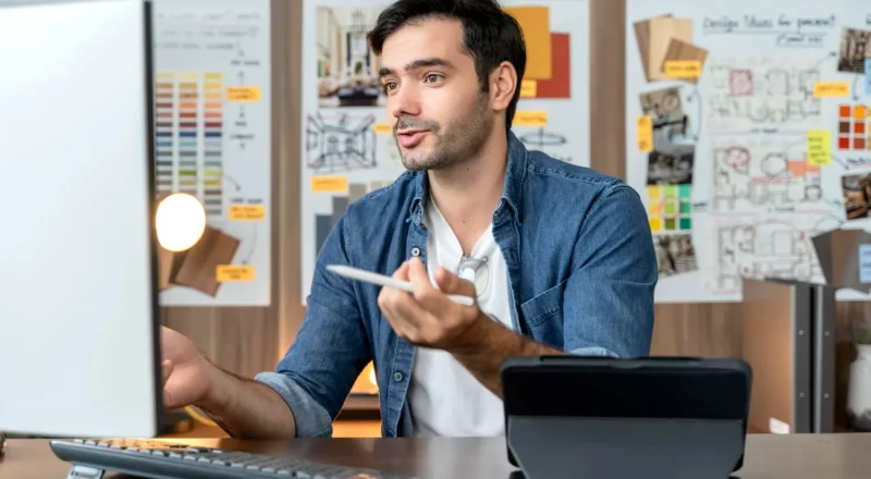 Profissional em reunião na mesa com laptop e apresentações no fundo, apontando para discutir ideias de marketing em ambiente corporativo. Habilidades Que o Profissional de Marketing Vai Precisar em 2 Anos, Segundo o Mercado