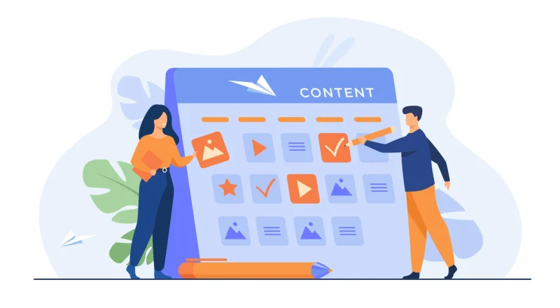 Imagem ilustrativa mostrando duas pessoas interagindo com um calendário de conteúdo para blogs, destacando 10 ideias de conteúdo para manter seu blog ativo.