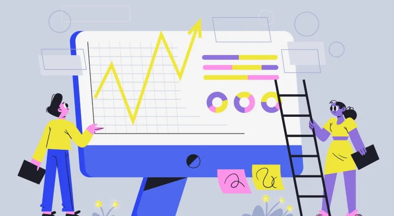 Ilustração mostrando como usar o Google Trends para identificar oportunidades de mercado, com gráficos e duas pessoas interagindo com um computador.