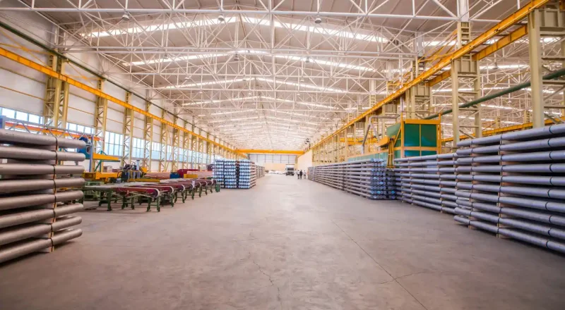 Imagem de um espaço amplo e bem iluminado em um galpão industrial, ideal para práticas de eficiência energética em galpões e indústrias.