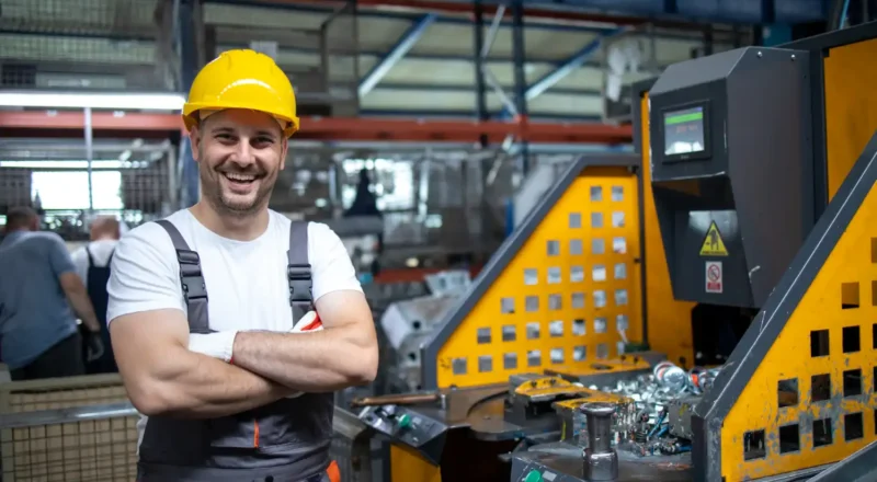 Homem operador de máquinas em fábrica, usando equipamento de segurança, com sorriso confiante, destacando a importância de treinamentos obrigatórios para segurança e eficiência