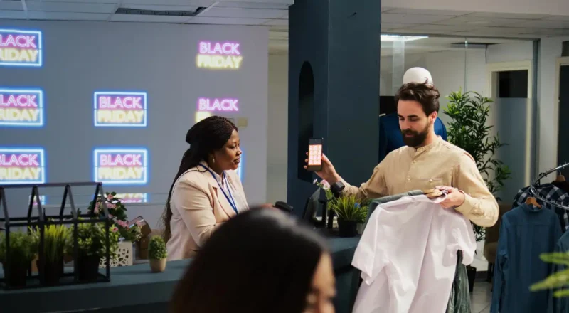 Evento com participantes interagindo, destacando a integração de experiências presenciais e digitais em ações híbridas durante Black Friday.