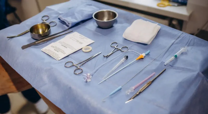 Mesa auxiliar hospitalar organizada com instrumentos médicos essenciais, utilizada em ambientes de emergência e cirurgias para facilitar procedimentos médicos eficientes.