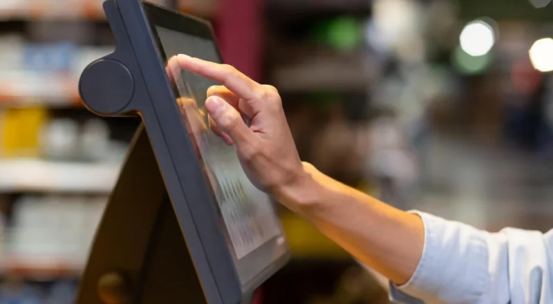 Pessoa utilizando um tablet de ponto de venda (POS), demonstrando como a tecnologia está revolucionando o comércio e a experiência dos clientes.
