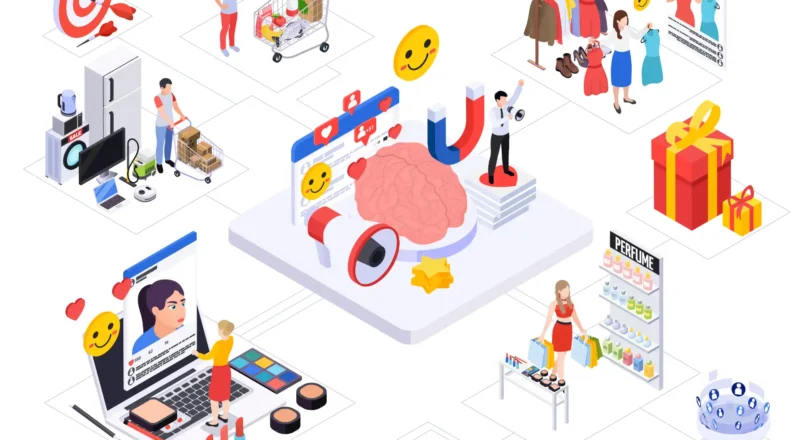 Ilustração de estratégias de neuromarketing para influenciar decisões de compra, incluindo publicidade nas redes sociais, vitrines, embalagens e experiências sensoriais.