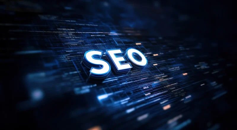 Imagem com fundo digital azul e texto em destaque "SEO" em estilo neon, sugerindo otimização para mecanismos de busca e performance de conteúdo online. Visual futurista com dados e linhas.
