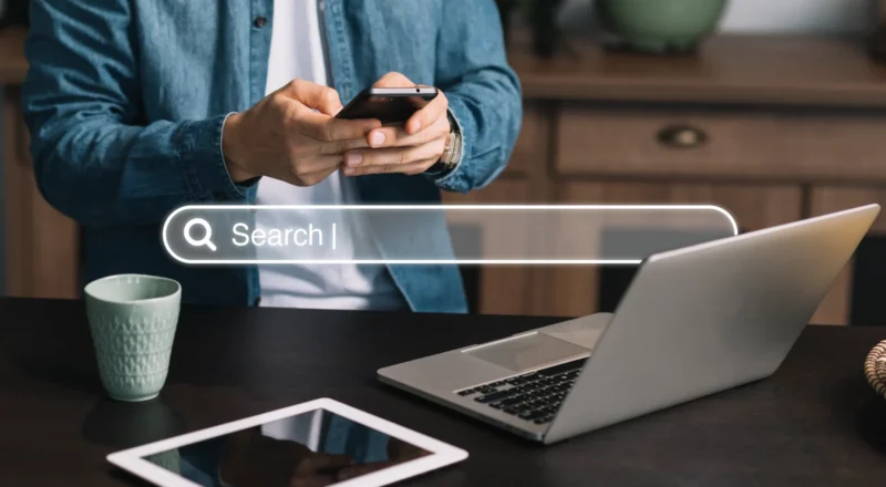 Pessoa usando smartphone e notebook em uma mesa, com interface de busca “Search” visível na tela, representando pesquisa e o que ainda funciona em SEO em 2026.