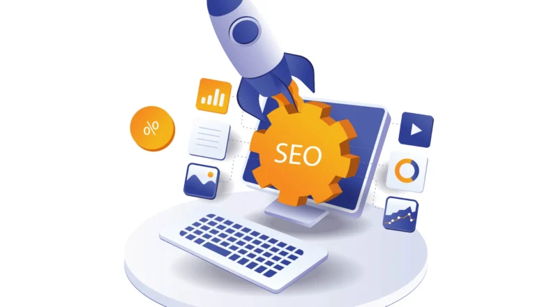 Ilustração 3D de um foguete de SEO decolando a partir de um computador, com ícones de métricas, porcentagem e gráficos, simbolizando como o tempo de permanência virou métrica de ranqueamento e muda a produção de conteúdo.
