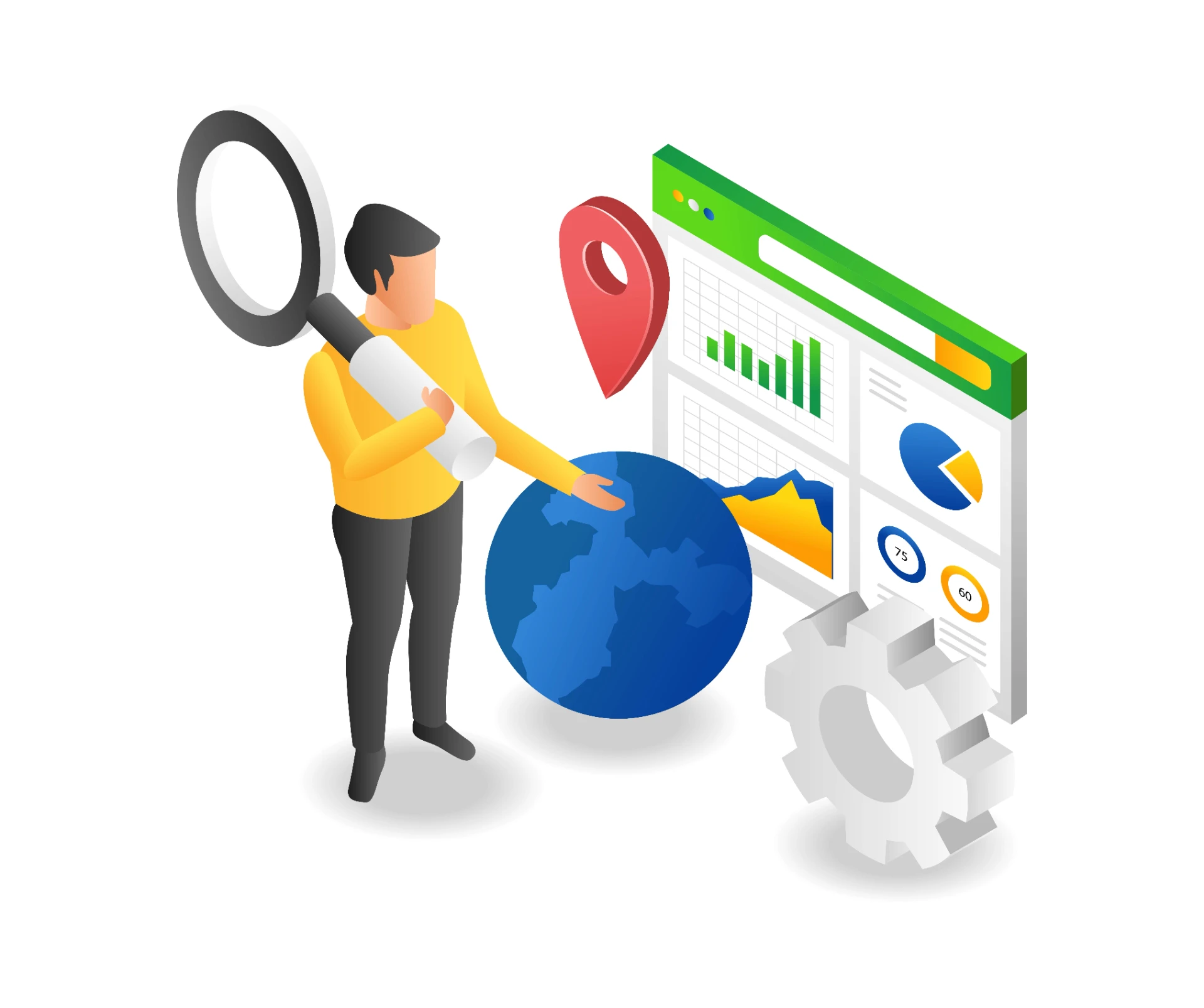 Ilustração isométrica de um analista com lupa e globo azul ao lado de um painel de dados com gráfico, mapa e ícone de localização, representando GEO (Generative Engine Optimization): O Que Muda Em Relação ao SEO Tradicional.