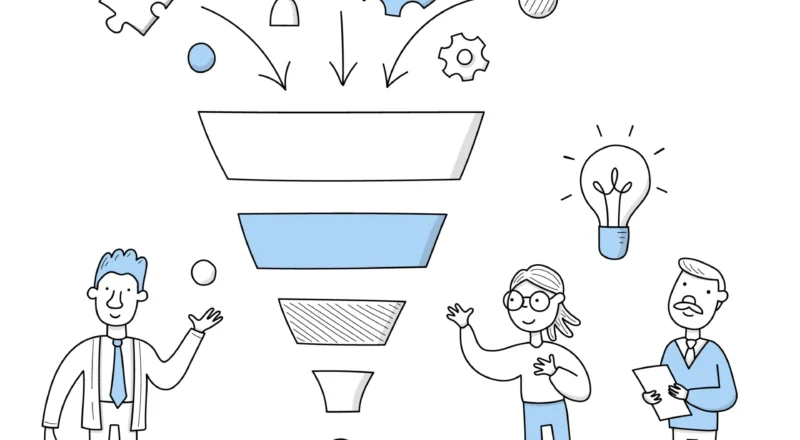O Funil de Decisão Mudou: Como a IA Influencia a Jornada de Compra do Consumidor: Ilustração em estilo desenho: funil de decisão com etapas representadas por caixas e ícones como pessoas, engrenagem e uma lâmpada, sugerindo influência da IA na jornada de compra do consumidor. OFunil de Decisão Mudou: Como a IA Influencia a Jornada de Compra do Consumidor aparece como conceito visual.