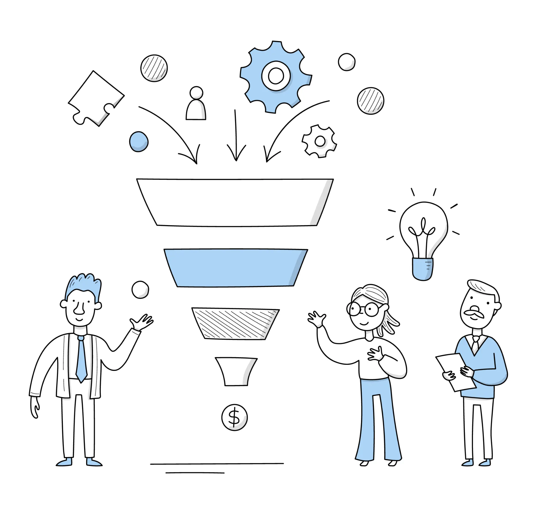 O Funil de Decisão Mudou: Como a IA Influencia a Jornada de Compra do Consumidor: Ilustração em estilo desenho: funil de decisão com etapas representadas por caixas e ícones como pessoas, engrenagem e uma lâmpada, sugerindo influência da IA na jornada de compra do consumidor. OFunil de Decisão Mudou: Como a IA Influencia a Jornada de Compra do Consumidor aparece como conceito visual.
