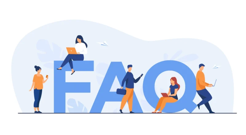 Perguntas frequentes como estratégia: por que o formato FAQ ganhou força com a IA: Ilustração com pessoas trabalhando e uma grande palavra em destaque “FAQ” em azul, em um cenário com ícones de comunicação e produtividade, representando perguntas frequentes.