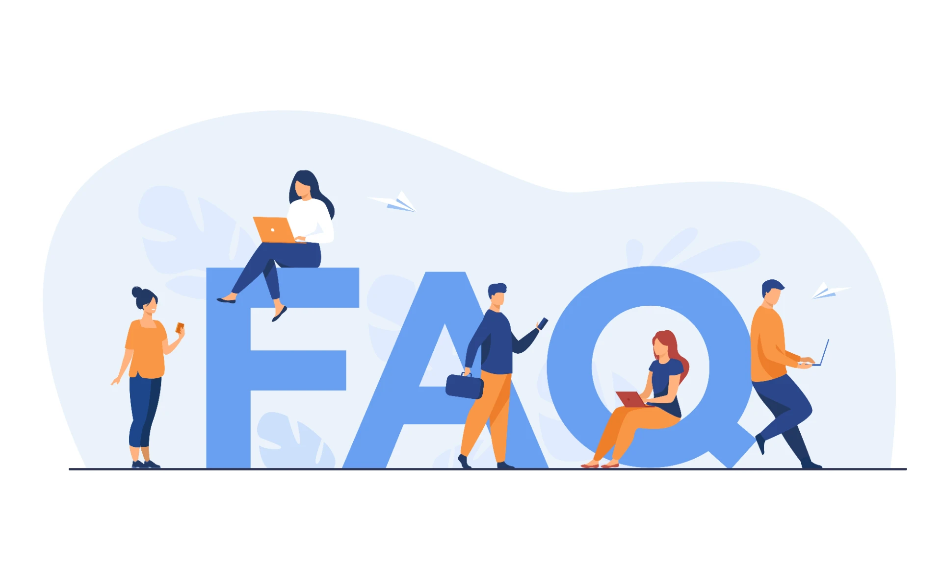Perguntas frequentes como estratégia: por que o formato FAQ ganhou força com a IA: Ilustração com pessoas trabalhando e uma grande palavra em destaque “FAQ” em azul, em um cenário com ícones de comunicação e produtividade, representando perguntas frequentes.